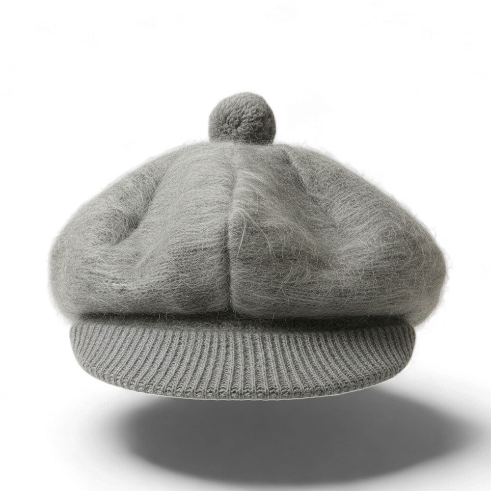 80s Gray Beret ANDREW STEWART Mohair Wool with brim pompom Galashiels Scotland